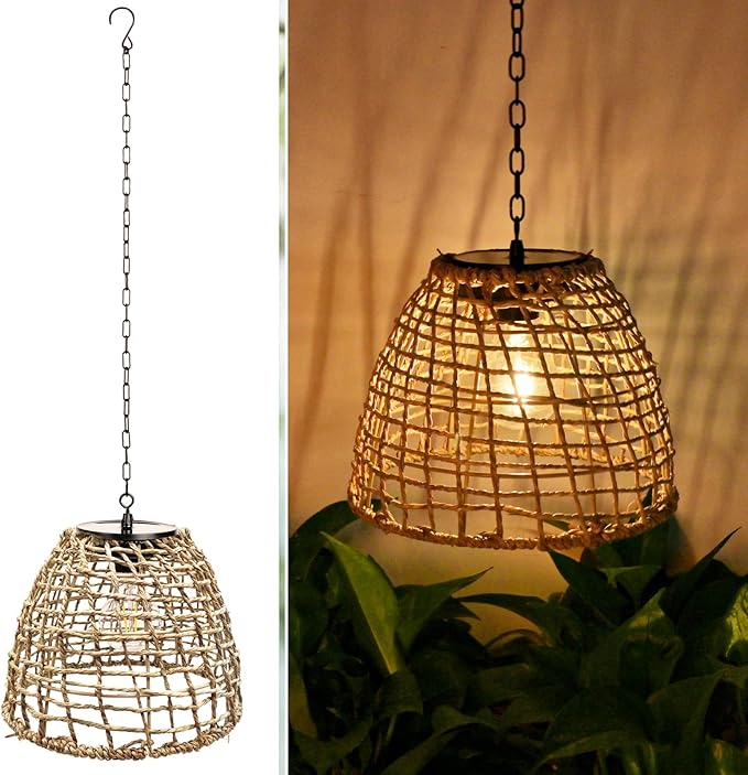 Outdoor Solar Hanging Lantern, Natural Seeweed Rattan Bamboo Woven Porch Patio Gazebo Pendent Chandelier Light Decorative Solar Powered Hanging Lamp for Front Door Garden
