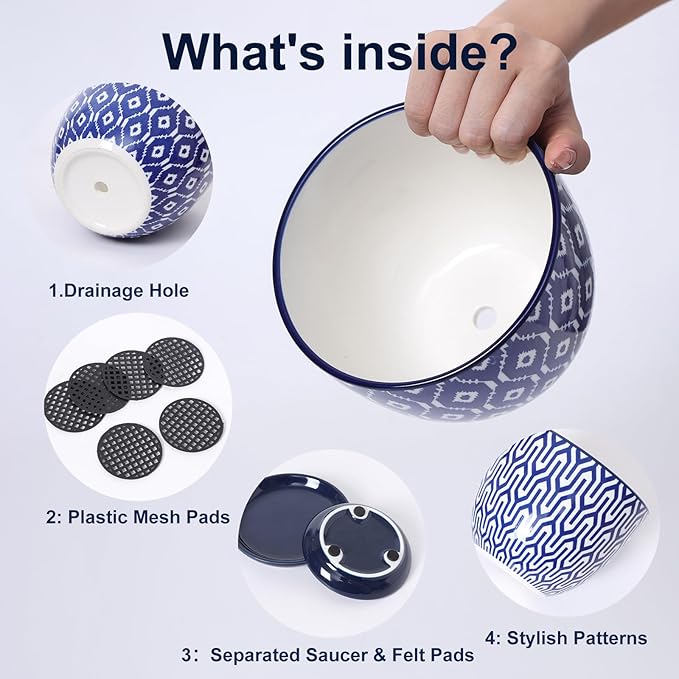 Selamica Ceramic Plant Pots, Indoor Flower Pots for Indoor Plants, 3.5+4.6+5.5 Planters with Drainage Hole & Saucer, Set of 3, Home Decor, Vintage Blue