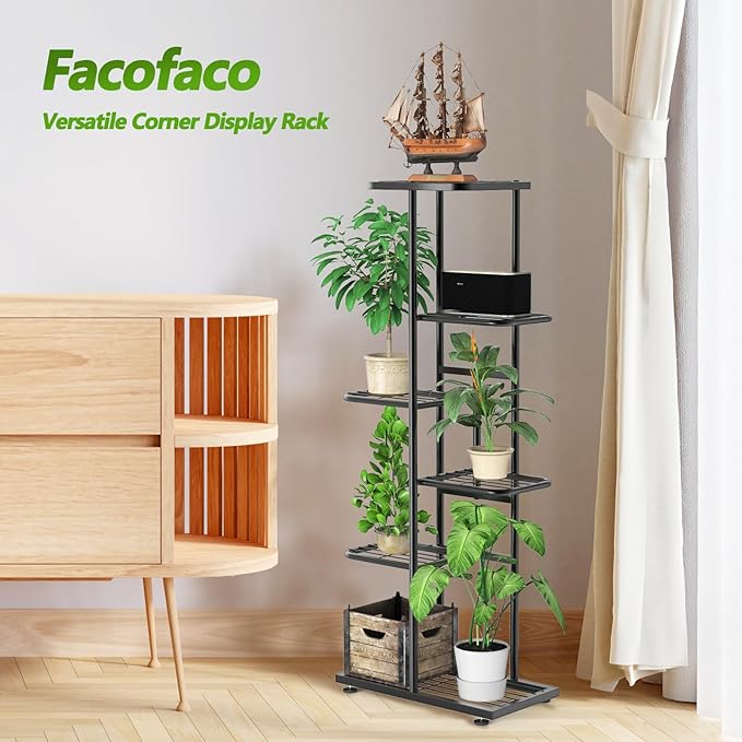 6 Tier 7 Potted Black Plant Stand Indoor Outdoor with Gardening Tools and Gloves, Upgraded Corner Metal Plant Rack Shelf for Multiple Plants, Tall Flower Pot Holder Display for Patio Living Room