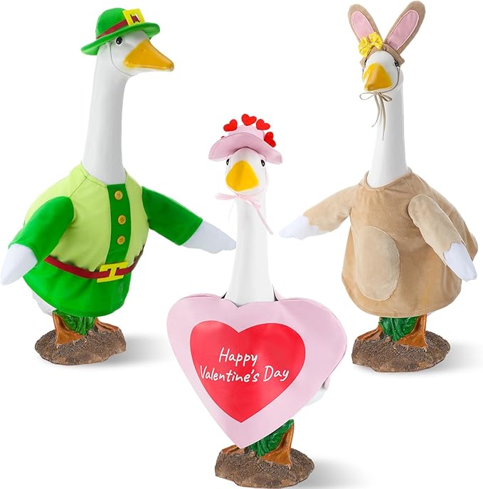 3 Sets Seasonal Goose Outfits Valentine Easter St. Patrick Festivals Lawn Clothing for 23'' Goose Lawn Garden Patio Yard Porch Outdoor Decorations