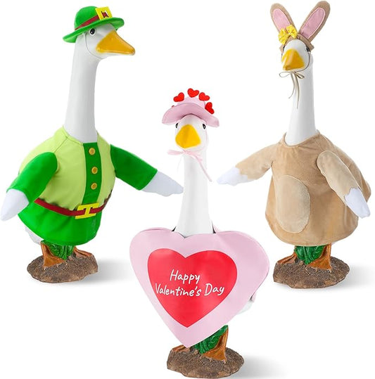 3 Sets Seasonal Goose Outfits Valentine Easter St. Patrick Festivals Lawn Clothing for 23'' Goose Lawn Garden Patio Yard Porch Outdoor Decorations