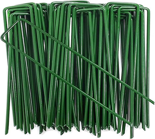 6 Inch Garden Stakes Galvanized Landscape Staples Green U-Type Turf Staples for Artificial Grass Rust Proof Sod Pins Stakes for Securing Yard Fences Weed Barrier Outdoor Wire Cords Tents Tarps 100 Pcs