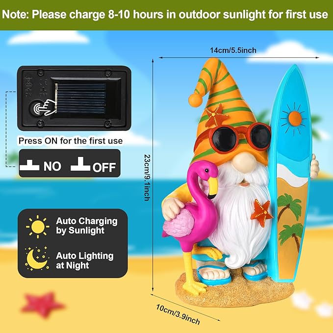 Funny Solar Gnomes Garden Decor Surfer Gnome Figurine with Flamingo Summer Beach Gnomes Solar Light Outdoor Funny Lawn Statue for Patio, Lawn, Yard, Porch,holiday Women Gift,9.1 Inch Tall