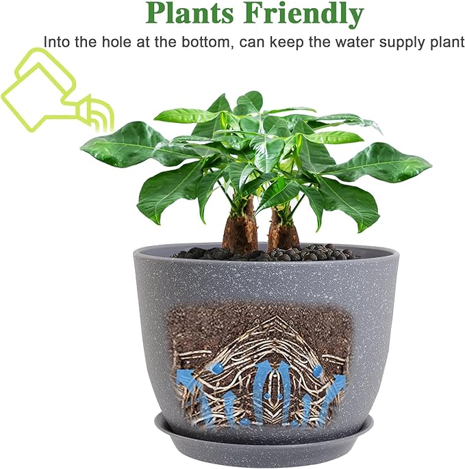 12/10/9 Large Modern Plant Pots, Plastic Planters with Drainage Holes and Saucers for Indoor Outdoor Plants Flowers, Grey Speckles