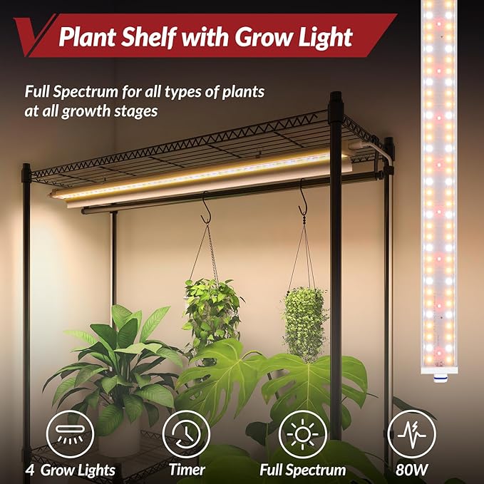 Indoor plant stand with grow light with timer, 3-Tier Metal plant shelf with grow light, 80W Full Spectrum LED Grow Light, Large plant stand for Living Room