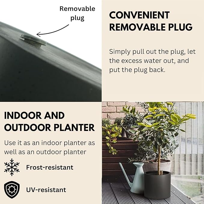 Fox & Fern 8 Inch Black Plant Pot with Drainage Plug — Premium Lightweight Fiberstone Matte Black Planter; 8 Inch Pots for Plants; for Indoor & Outdoor Use; Weather Resistant & UV Resistant