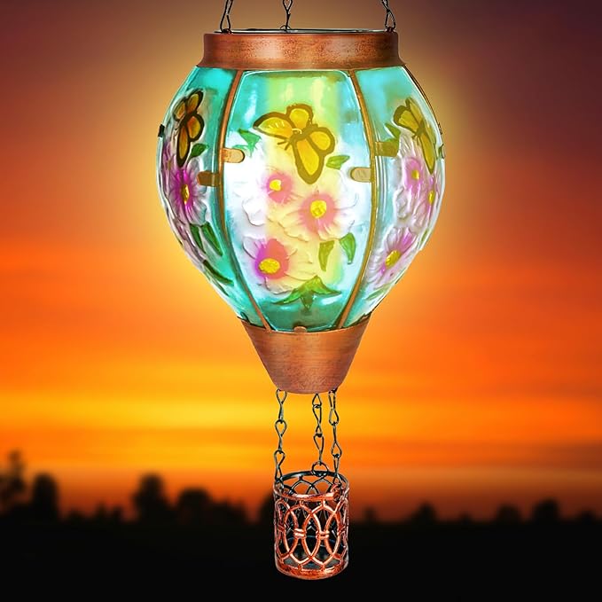 4 Pack Solar Hot Air Balloon Lantern with Flame， Butterfly Glass Outdoor Solar Lanterns for Outside Hanging Farmhouse Patio Pathway Decor, Butterfly Gifts for Women Grandma Mom - Butterfly