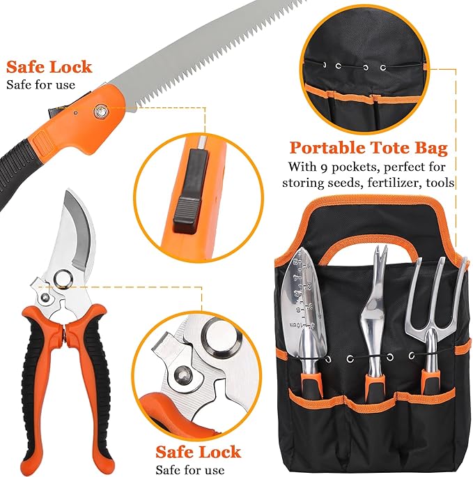 Garden Tool Set, 9 Piece Garden Tools with Non-Slip Rubber Grip with Large Garden Bag, Hand Tools for Gardening, Gardening Tools for Women Men (Orange)