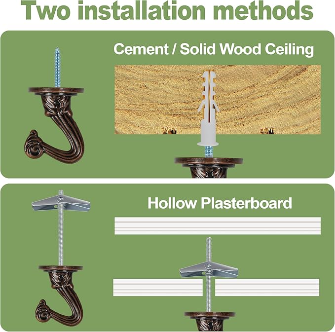 Ceiling Swag Hook Sets - Heavy Duty Hooks with Mounting Hardware for Hanging Plant, Ceiling or Extender Chains - Easy Install with Screws/Brackets