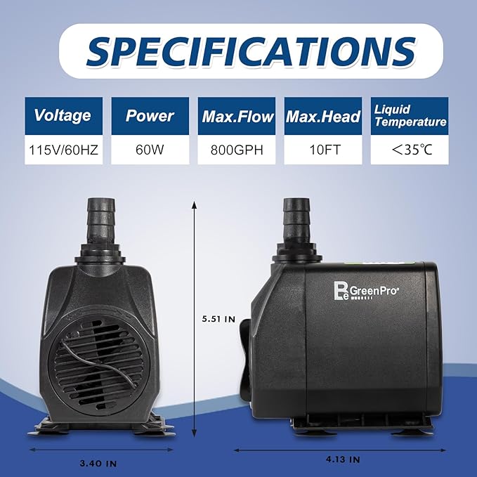 Submersible Water Pump, 800GPH 60W Ultra Quiet Fountain Pump (3000L/H), with 4 Nozzles 10ft High Lift for Aquarium, Fish Tank, Pond, Waterfall, Outdoor, Statuary, Hydroponics