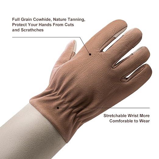 HLDD HANDLANDY Gardening Gloves for Women & Men, Leather Long Sleeve Rose Pruning Gloves, Thorn Proof Garden Work Gauntlet Animal Handling Gloves (Large, Light Brown)