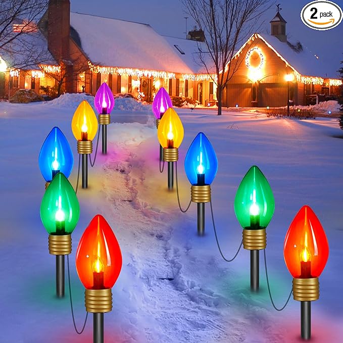 Christmas Lights Jumbo C9 Outdoor Lawn Decorations with Pathway Marker Stakes, 2 Pack 8.5 Feet String Lights Covered Jumbo Multicolored Light Bulb for Holiday Outside Yard Garden Decor, 10 Lights