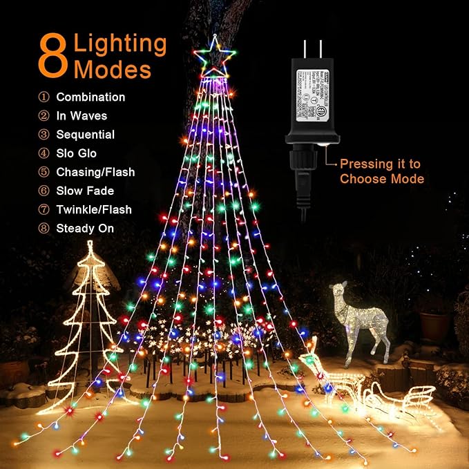Christmas Decorations Star String Lights, 320 LED Waterfall Tree Lights with 13" Topper Star 8 Lighting Modes Indoor Outdoor Decorative for New Year, Holiday, Wedding, Party (Multicolor)