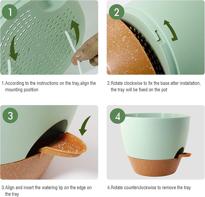 WOUSIWER 10 inch Self Watering Planters, 2 Pack Large Plastic Plant Pots with Deep Reservior and High Drainage Holes for Indoor Outdoor Plants and Flowers, Green with Terracotta