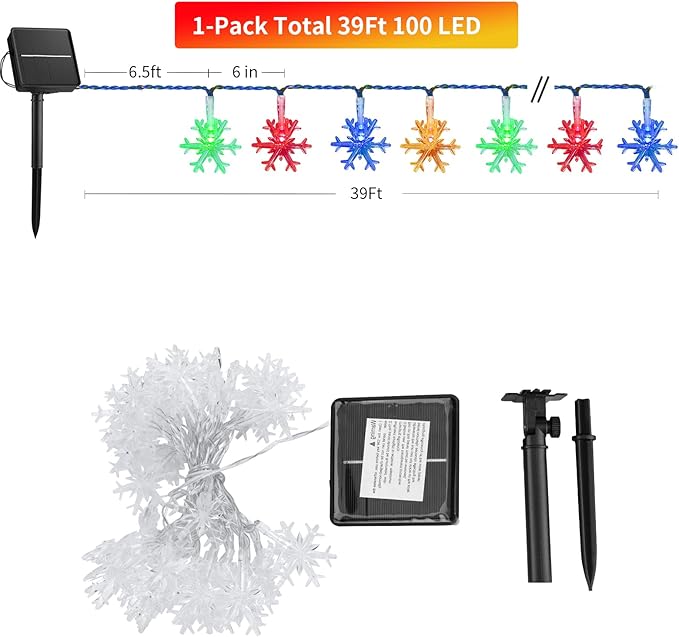 Solar Christmas Snowflake String Lights 100 LED 39 FT Outdoor Waterproof Fairy Lights with 8 Lighting Modes for Wedding, Party, Tree, Room, Garden, Patio, Yard, Home, Multicolor