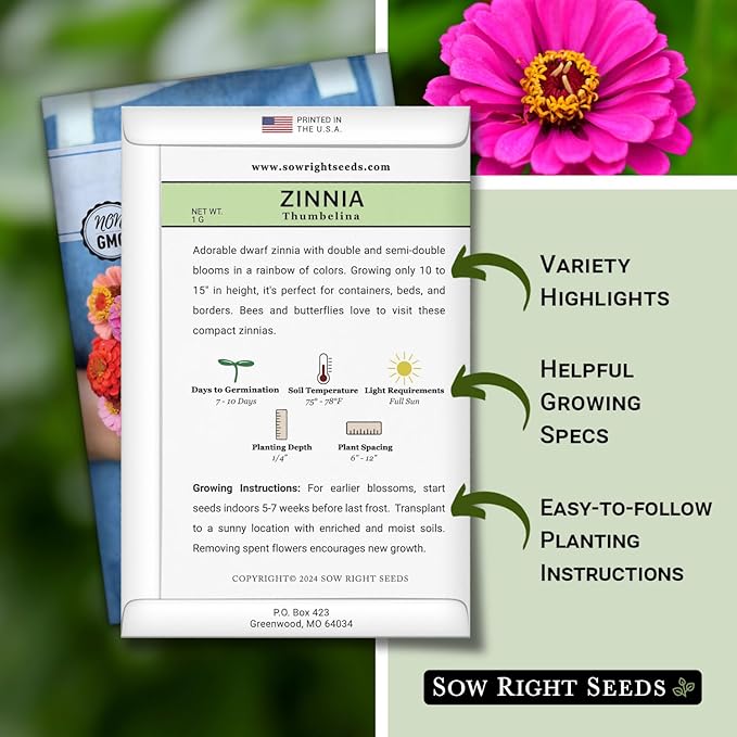 Sow Right Seeds - Thumbelina Zinnia Seeds for Planting - Beautiful to Plant in Your Flower Garden - Non-GMO Heirloom Packet with Instructions - Annual Cut and Come Again for Bouquets (4)