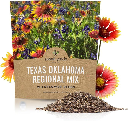 Texas Oklahoma Wildflower Seeds Mixture - Bulk 1 Ounce Packet - Over 15,000 Native Seeds - Open Pollinated and Non GMO
