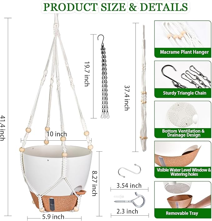 10 Inch Hanging Planters for Indoor Plants, 2 Pack Self Watering Hanging Baskets Flower Pots with Drainage Hole, Visual Reservoir & 2 Kinds of Plant Hanger for Outdoor Garden Home Decor