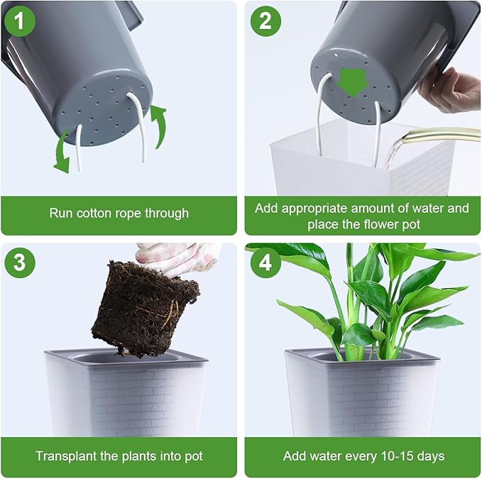 Self Watering Planter 4 Pieces 6 Inch, Plastic Flower Pots with Inner Pot Indoor Plants Brick Pattern Flowerpot for Indoor Plants, African Violets, Flowers, Herbs