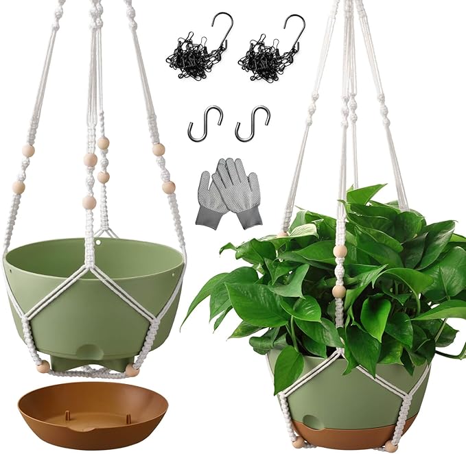 10 Inch Hanging Planters for Indoor Plants,Set of 2 Hanging Pots for Plants with Self-Watering, Outdoor Hanging Plant Pot with Drainage and 2 Kinds of Hanging Baskets Hangers for Home Decor and Garden