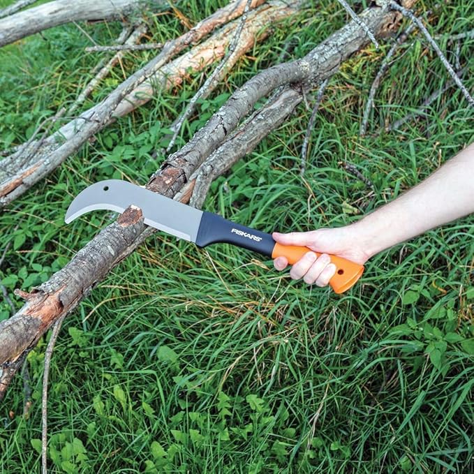 Fiskars 9" Brush Axe with Safety Sheath - Fixed Handle -Curved Blade Branch Chopping Axe - Yard and Garden Tools - Black/Orange