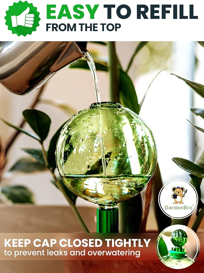 16 Oz Plant Watering Globes For Indoor Plants With Metal Self Watering Planter Insert - Premium XL Glass Hand-blown Globes - Automatic Indoor Planter Waterer, Gift Idea For Gardeners [1, Green]