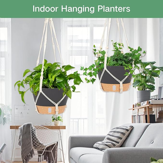 QCQHDU 2 Pack Hanging Planters for Indoor Plants, Outdoor Hanging Baskets, Self Watering Pots with Drainage Holes & Removable Tray (Dark Grey, 8 inch, Macrame Hanger)