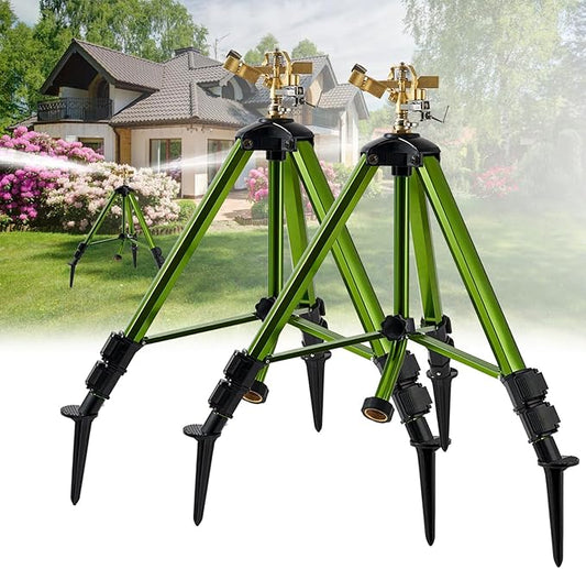 2 Pack Tripod Sprinklers for Yard,Nalupatio Impact Sprinkler on Tripod Base,Heavy Duty Brass Sprinklers,270 Degree Large Area Irrigation,3/4 Inch Connector Sprinkler with Legs Flip Locks for Lawn/Yard
