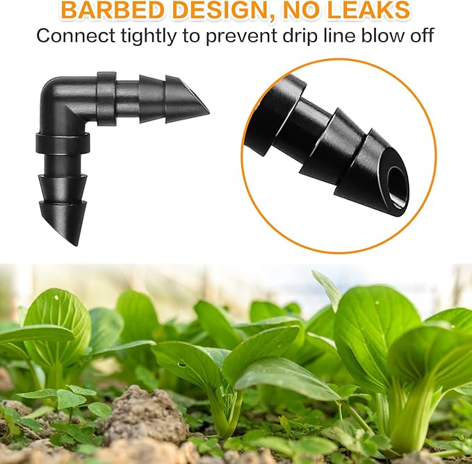 Drip Irrigation Elbow Fittings：50 Pieces Barbed Elbow Irrigation Parts with Sharp End Fits for 1/4 Inch Irrigation Tubing Drip Line Elbow Connectors for Garden Lawn Irrigation System