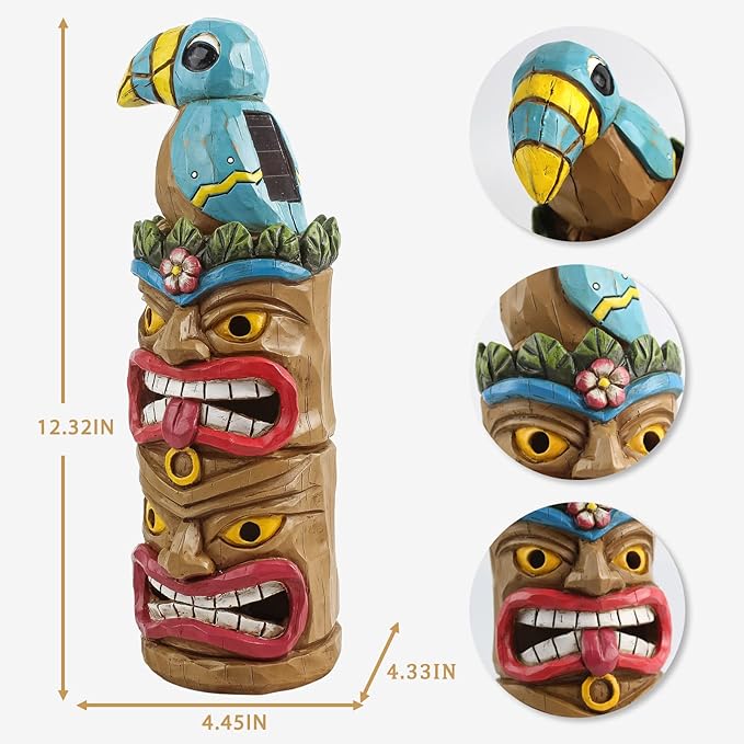 Tiki Totem Pole-Solar Tiki Statue Head Decor - 12.32 inch Tall Tiki Decorations for Tiki Bar Outdoor Patio Balcony Yard Backyard