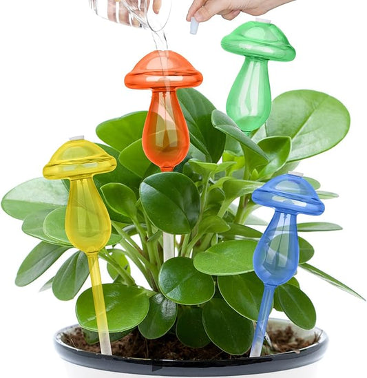 HYH Plant Watering Globes 4 Pack Colorful Mushroom Plant Watering Devices for Indoor & Outdoor Plants Self Watering Planter Spikes Insert Made from Hand-Blown Glass Gradient Rainbow Watering Globes