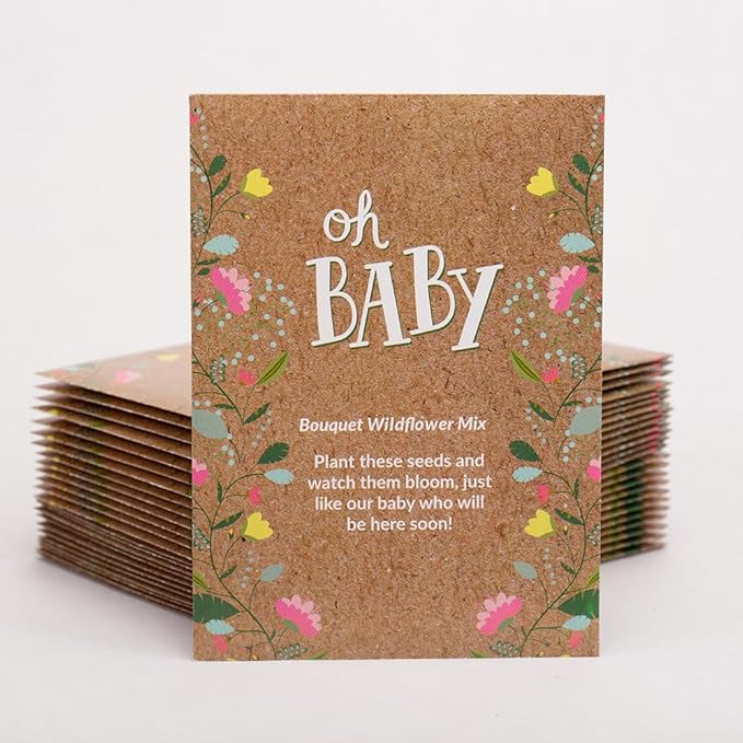 BENTLEY SEED CO. Oh Baby Flower Seeds Packets - Girl/Boy Baby Shower Favors - Pre-Filled, 25 Wildflower Seed Packs for Favor - Eco-Friendly Gift & Babys Guest Giveaways - Non-GMO Seeds - Brown Envelop