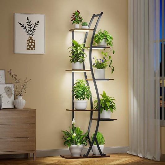62" Tall Plant Stand with Grow Light Indoor, 7 Tiered Metal Plant Shelf Bookshelf, Curved Corner Flower Stand Display Storage Rack Holder for Living Room, Balcony Decor