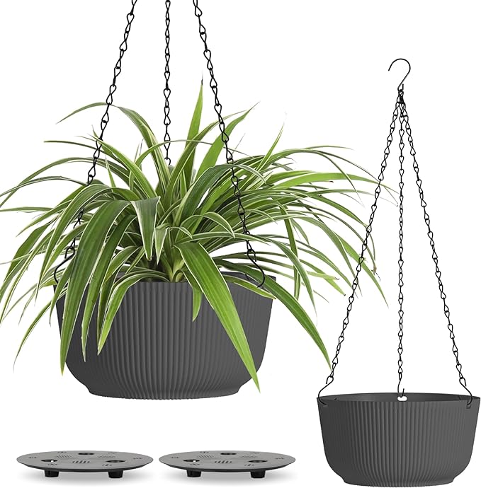 T4U 8 Inch Hanging Planters for Indoor Outdoor Plants, Self Watering Hanging Pot Pack of 2, Hanging Pots with Drainage Hole & Plug & Chain with 3 Hooks for Garden Home Decor, Grey