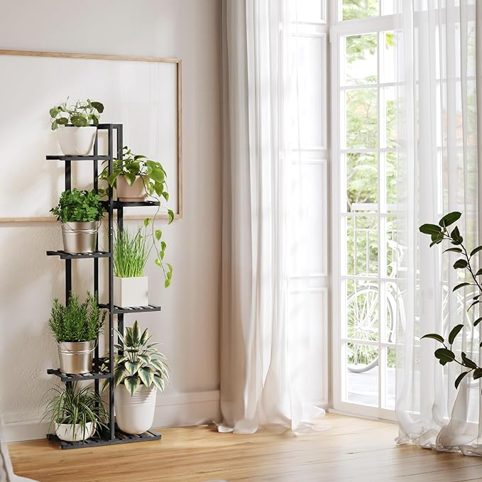 ROSSNY Plant Stand Indoor, 6 Tier 7 Potted Bamboo Plant Stands for Indoor Plants, Corner Plant Stand, Tiered Plant Stands, Plant Shelf For Indoor, 48 Inch Tall Planter Holder for Multiple Plants Indoor, Black