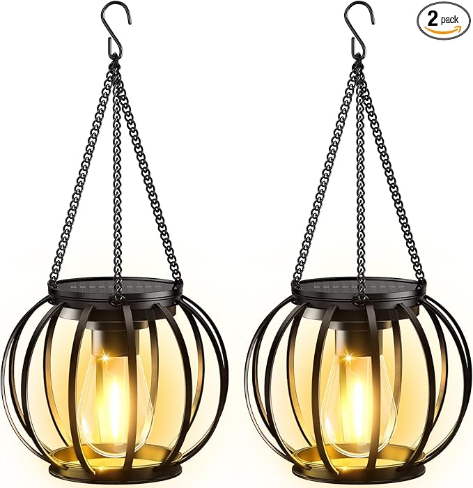 KOOPER Solar Lanterns Outdoor Lights, Upgraded Metal Solar Lantern, Brighter Hanging Solar Lights Outdoor Waterproof, Auto On/Off Solar Light for Yard Garden Patio Pathway Decor 2 Pack