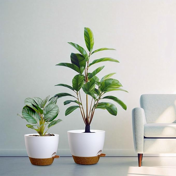 12/10/9 inch Large Self Watering Pots, Plant Pots with Mesh Drainage Holes for Indoor Outdoor Garden Plants, Flower Pots with Deep Reservoir, 3 Pack Plastic Planters, White with Brown