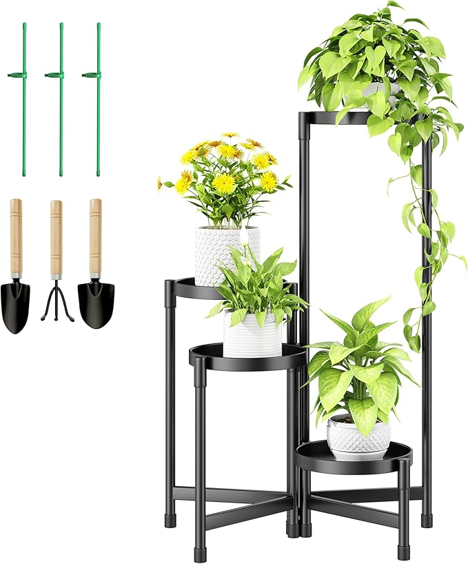 4-Tier Metal Plant Stand Indoor, Foldable Corner Plant Shelf Outdoor, Rotatable Tiered Tall Plant Stand, Black Multiple Plant Stands for Patio Living Room Balcony Garden Home Decor