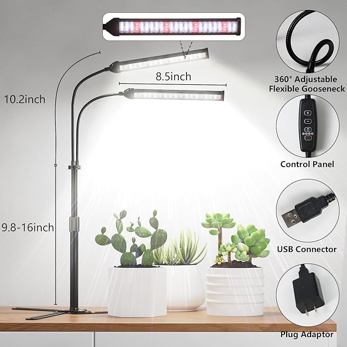 Grow Lights for Indoor Plant, 6000K Full Spectrum Plant Lights for Indoor Growing, 144 LED Grow Light, Height Extendable 9-16'', Auto On Off Timing 4/8/12/18Hrs