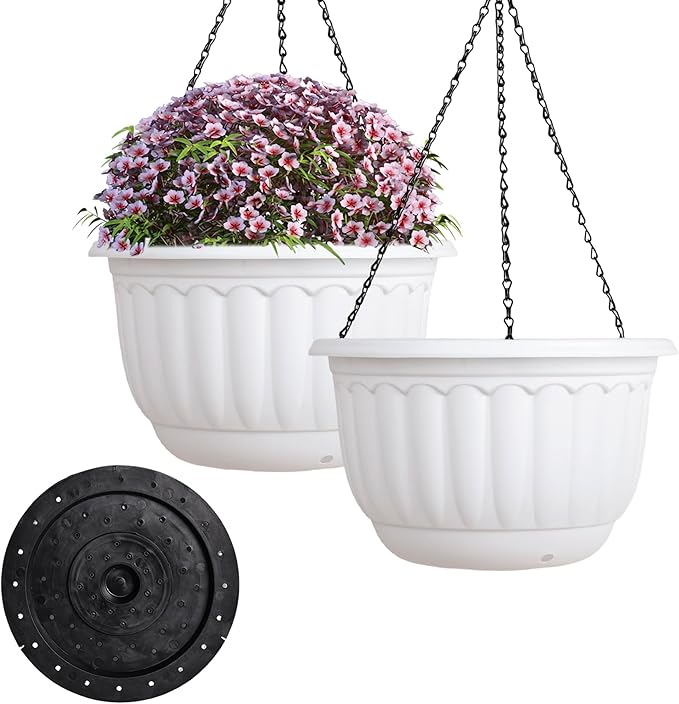 YIKUSH Planters for Outdoor Plants 2 Pack White Plant Pots with Drainage Hole and Absorbing Tray Hanging Planters for Indoor Plants (12 inch, 3 Hooks)