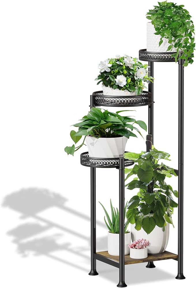 4 Tier Plant Stands Indoor Clearance , 31.5 Tall Corner Plant Shelf for Multiple Plants, Black Metal Wood Tall Plant Display Rack Flower Holder for Patio Porch Garden Balcony Bedroom