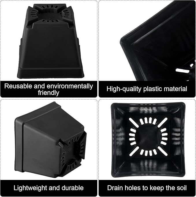 100 Pieces 4 Inch Flower Pots Square Plants Nursery Pot Plastic Plant Seedling Pots Nursery Transplanting Planter Container with Saucer for Indoor Herbs Succulents Balcony Garden Office (Black)