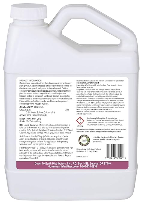 Down to Earth Liquid Calcium Fertilizer Organic Water Soluble 5%, 1 Quart