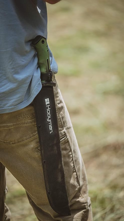 Hooyman Bush Machete with Heavy Duty Construction, Ergonomic No-Slip Handle and Belt Sheath for Gardening, Land Management, Bushcraft, Hunting and Outdoor , Black/Green