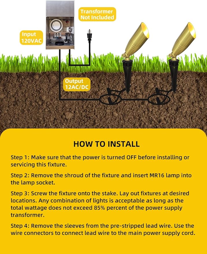 COLOER Die-cast Brass Landscape Spotlight 10-Pack Without Bulb,12V AC/DC Low Voltage Copper Outdoor Lighting with Ground Stake, Directional Garden Patio Spot Up Light (102B Brass Finish)