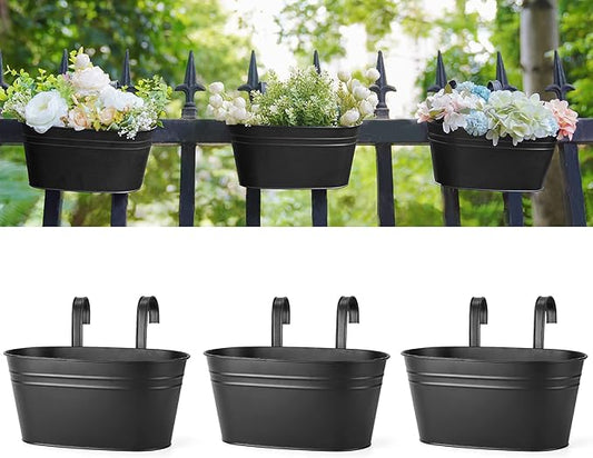 Dahey Metal Iron Hanging Flower Pots for Railing Fence Outdoor Planter Hanging Bucket Pots Countryside Style Window Flower Plant Holder with Detachable Hooks Home Decor,Black,3 Pcs