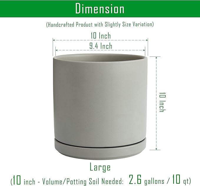 D'vine Dev Set of 2 Plants Pots, 10 Inch Ceramic Planter Pot for Plants with Drainage Hole and Saucer, Speckled Grey, 94-V-E-3