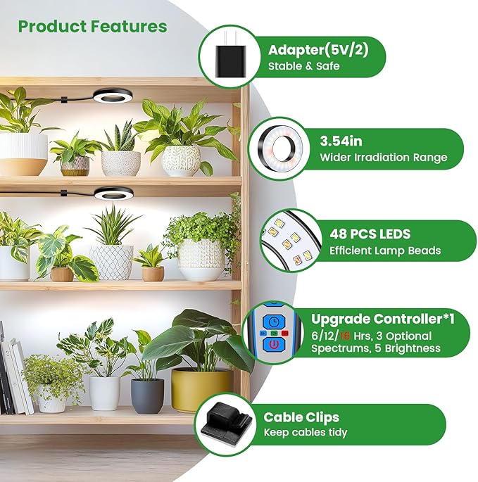 Wiaxulay Grow Lights for Indoor Plants, 48 LEDs Full Spectrum LED Plant Grow Light, Under Cabinet Grow Lamp with Auto Timer 6/12/16 Hrs, 3 Lighting Mode, 5 Brightness Levels, One Head (3.5in)