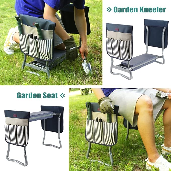 G GOOD GAIN Gardening Stool Widen Soft Kneeling Pad Garden Kneeler and Seat with 2 Larger Tool Pouches Outdoor Foldable Sturdy Gardening Tools Gifts for Gardeners, Navy