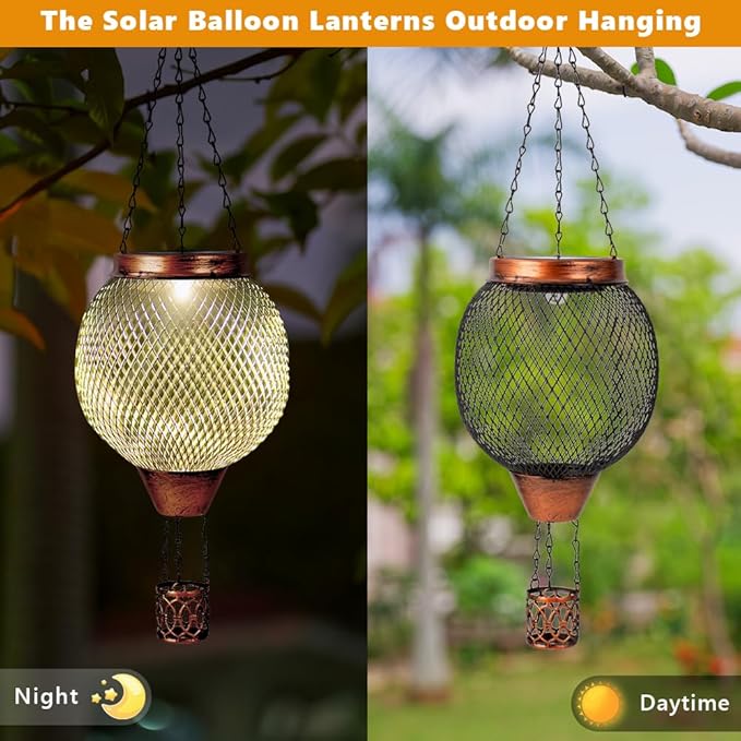 Starsoul 2 PC Cage Hot Air Balloon Solar Lantern with Flame Glass Outdoor Hanging Hot Air Balloon Solar Light Lamp Waterproof Garden Patio Yard Party Decorations
